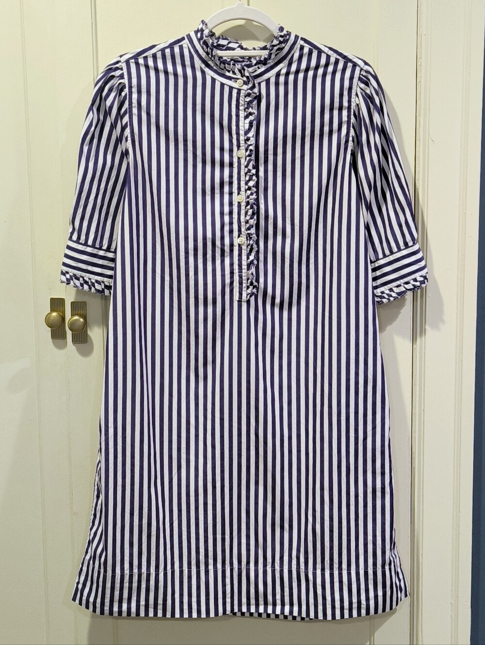 Ann Mashburn Elbow Sleeved Frill Dress in Navy Bengal Stripe - Picture 2 of 15